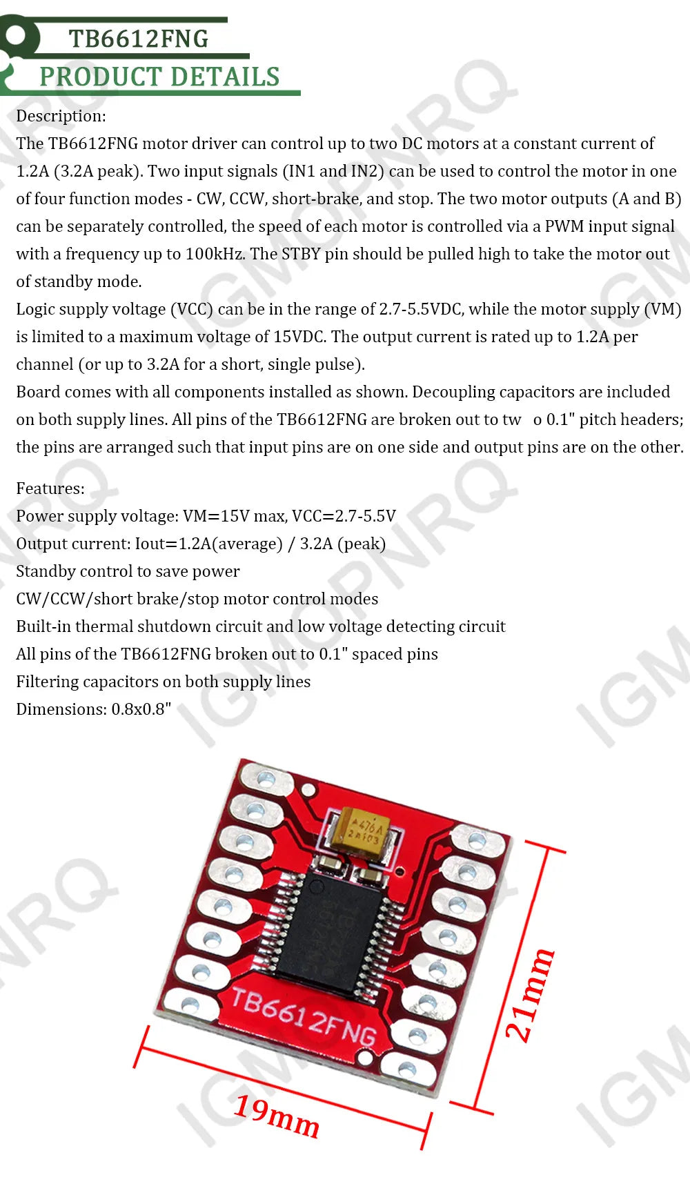 TB6612 DRV8833 Dual Motor Driver 1A TB6612FNG for Arduino Microcontroller Better than L298N