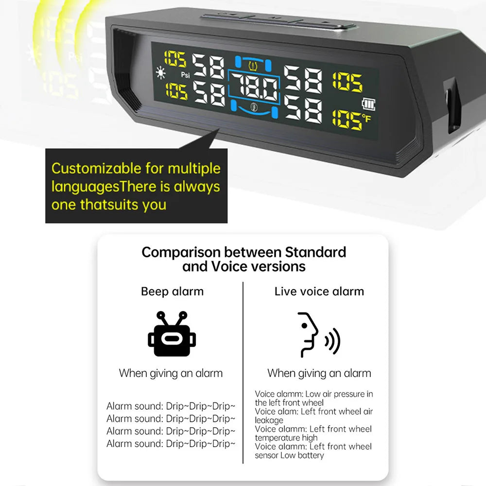 Tire Pressure Monitoring System Auto Security Alarm Systems Solar/USB Powered Tyre Temperature Monitor Car TPMS 4 Sensors