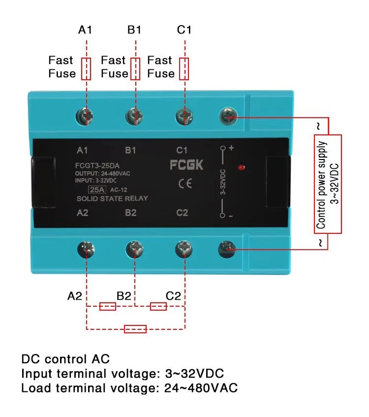 DA Three Phase Solid State Relay  25A 40A 100A DC TO AC 3 Phase SSR 3-32V DC Control 24-480V