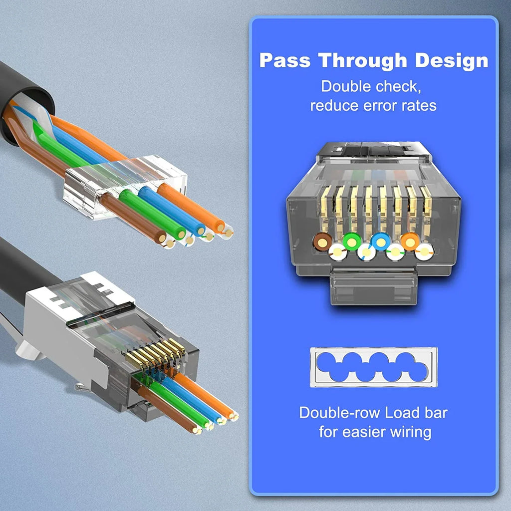 ZoeRax 50-Pack RJ45 CAT7 CAT6A Pass Through Connector Kit with Strain Relief Boots Shielded 3-Prong Network Modular Plug