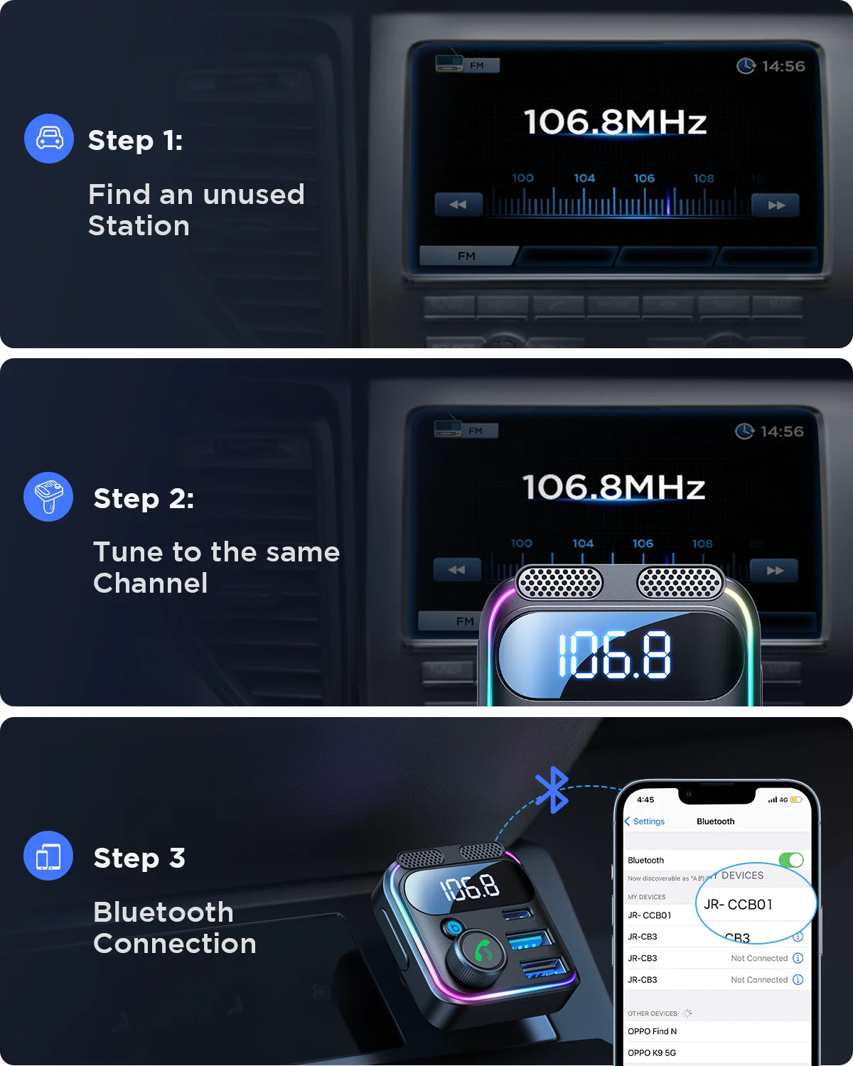 Joyroom Bluetooth 6.0 FM Transmitter with PD 45W&QC3.0 Fast Charger Bluetooth Car Adapter Portable Car AUX Radio Modulator MP3