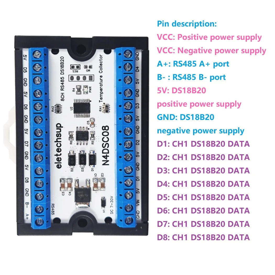 8-Way 1-Wire DS18B20 Digital Temperature Sensor Modbus RS485 Analog IO Module Paperless Recorder Board