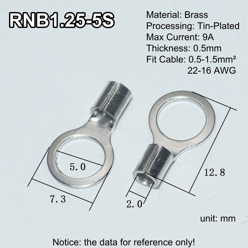 100pcs RNB Brass Ring Bare Terminal Block Connector Cable Lugs Wire Crimping Tips Electrical Connection Strips 12V 2.5mm 4mm 6mm