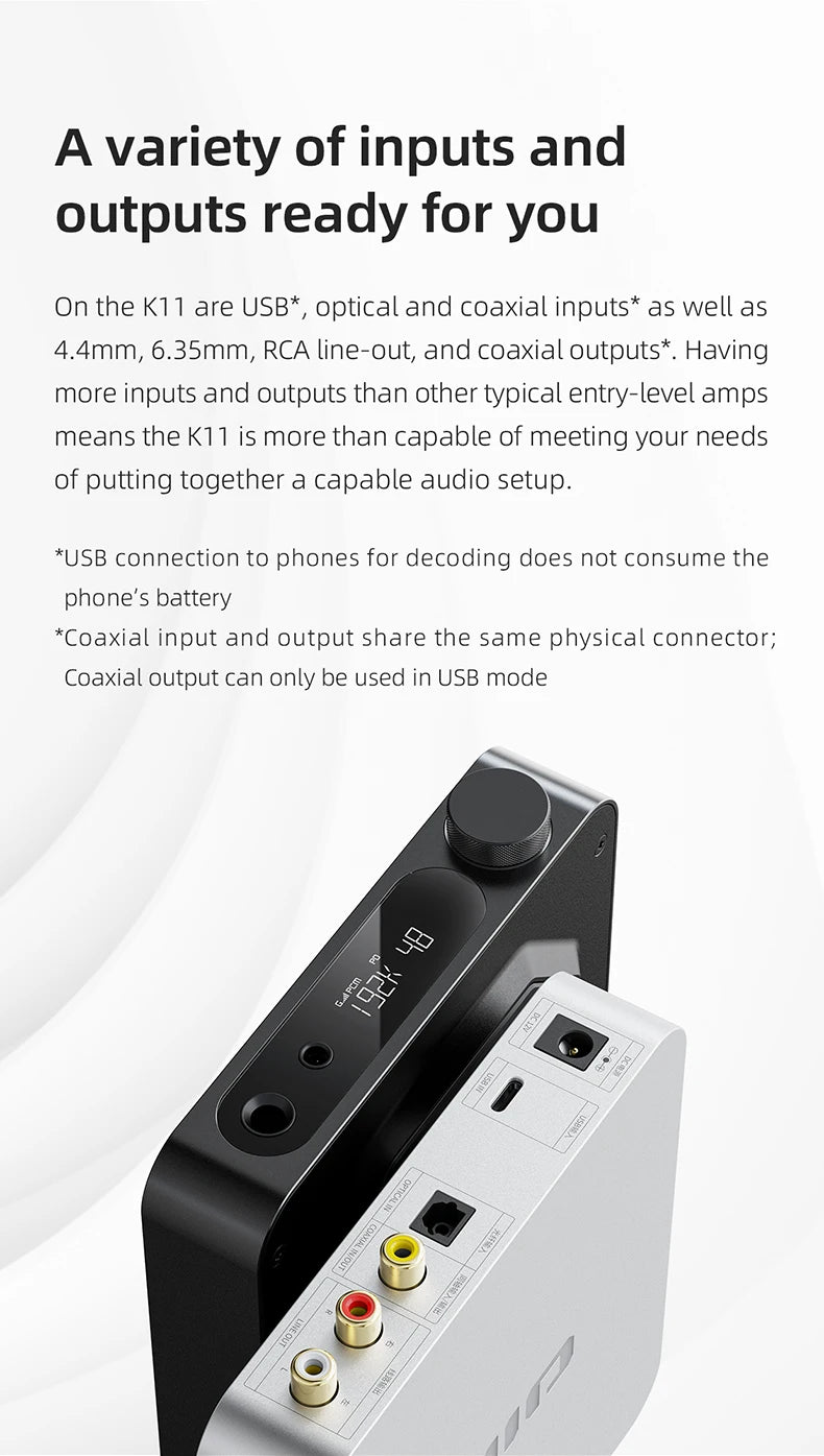 FiiO K11 DAC and Headphone Amplifier for Home Audio/PC, 6.35mm and Balanced 4.4mm, RCA, Coaxial, Optical, 1400mW, DSD256