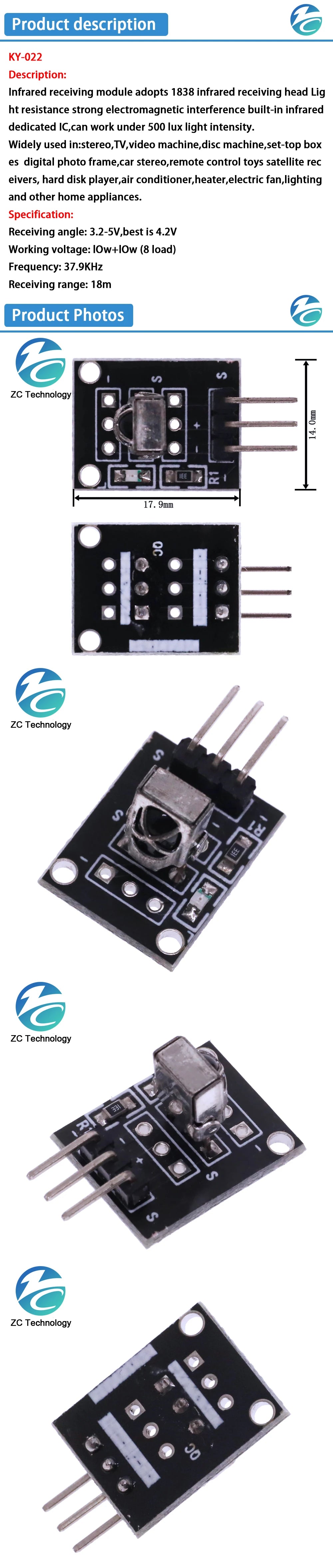 3pin KY-022 TL1838 VS1838B HX1838 Universal IR Infrared Sensor Receiver Module for Arduino Diy Starter Kit