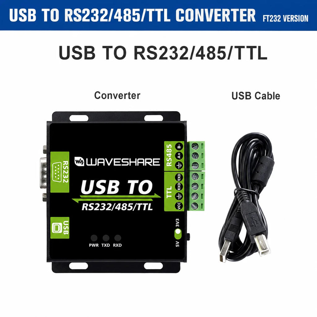 Waveshare USB to RS232/485/TTL Converter Onboard FT232RL Industrial Grade USB to RS232 Converter Support Android Windows