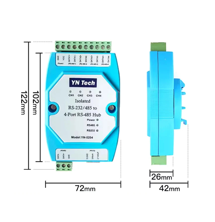 Isolated RS232 RS485 to 4 Ports RS-485 Hub Repeater Lightning Protection
