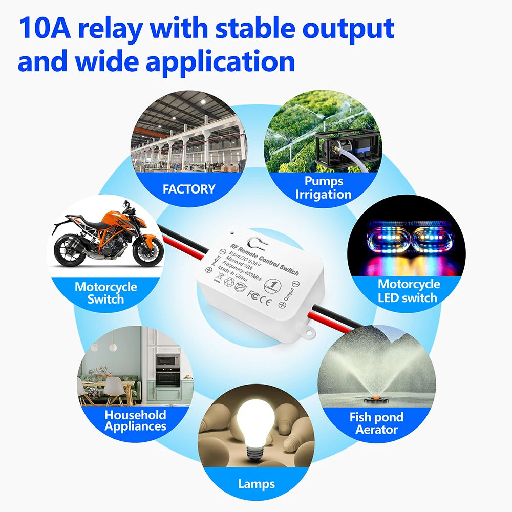 433Mhz Wireless Remote Control Switch DC 6V 12V 24V 30V 36V 10A Mini RF Relay Receiver,50m Transmitter for Pumps Light LED Fan