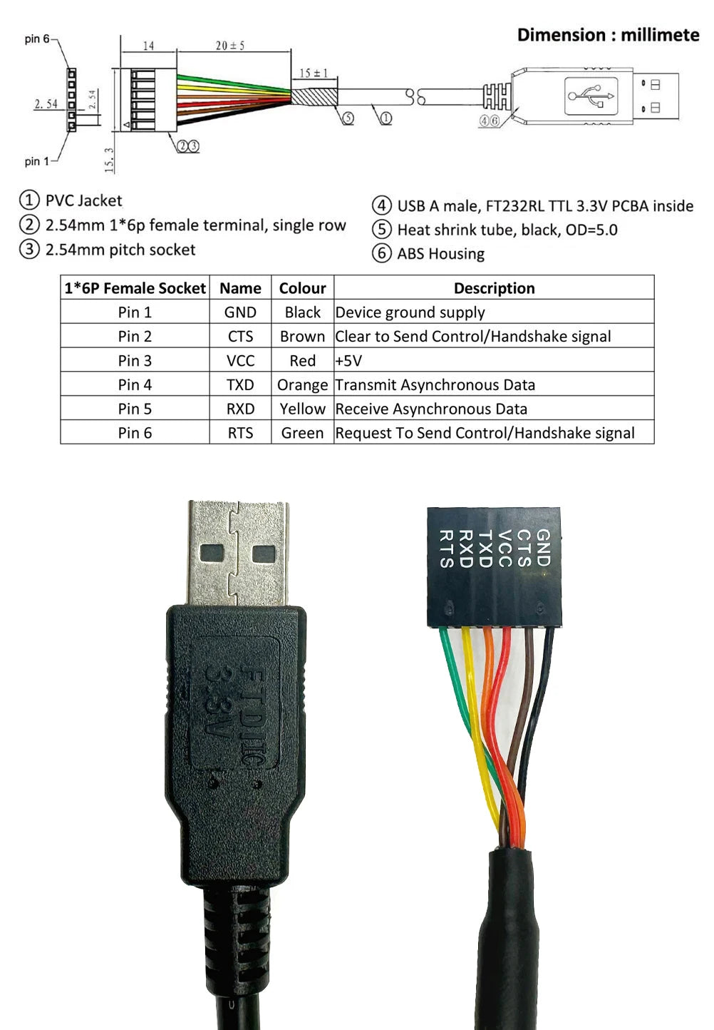 TTL-232R-3V3 USB to TTL Serial 3.3V Adapter Cable 6 Pin Female Socket Header UART Serial FT232 Chip Download Cable