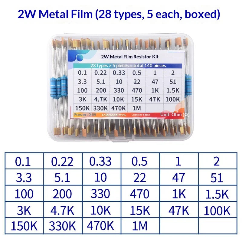 1% 5%  Metal Film Resistor Assortment Kit 1/4W 1/2W 1W 2W 3W 5W Through Hole 30/41/130 Values Electronic Components 300 600 2600