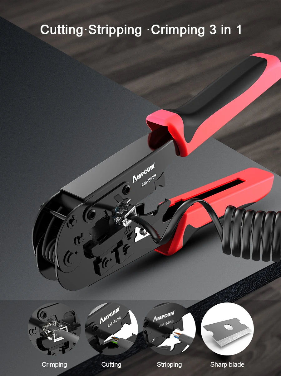 AMPCOM Crimping Tool RJ45 and RJ12, RJ11 Crimper Cutter Stripper Network Cable CrimpTool for 4P 6P 8P RJ-11/RJ-12 RJ-45