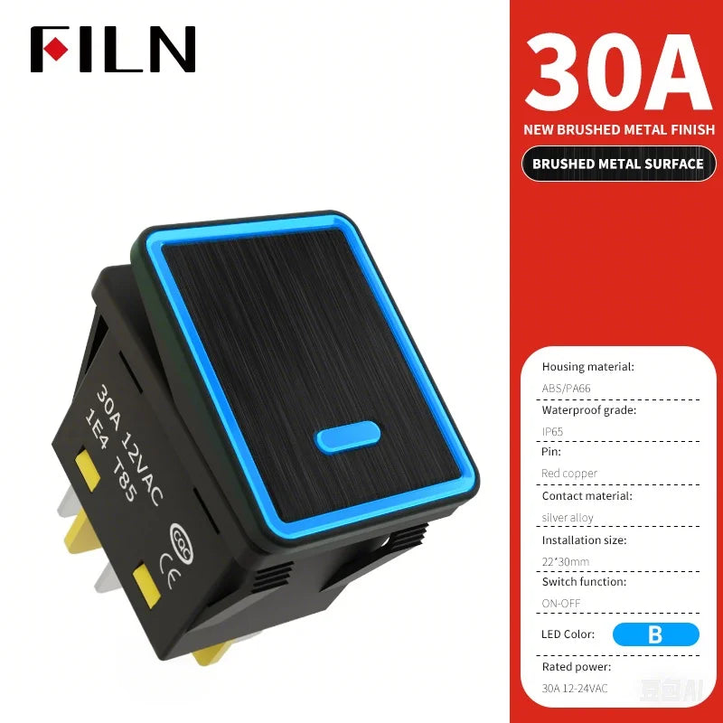 FILN 30A/220V Heavy Duty 4 Pin DPST IP67 Sealed Waterproof T85 Auto Boat Marine Toggle Rocker Switch with LED 12V 220V 30x22
