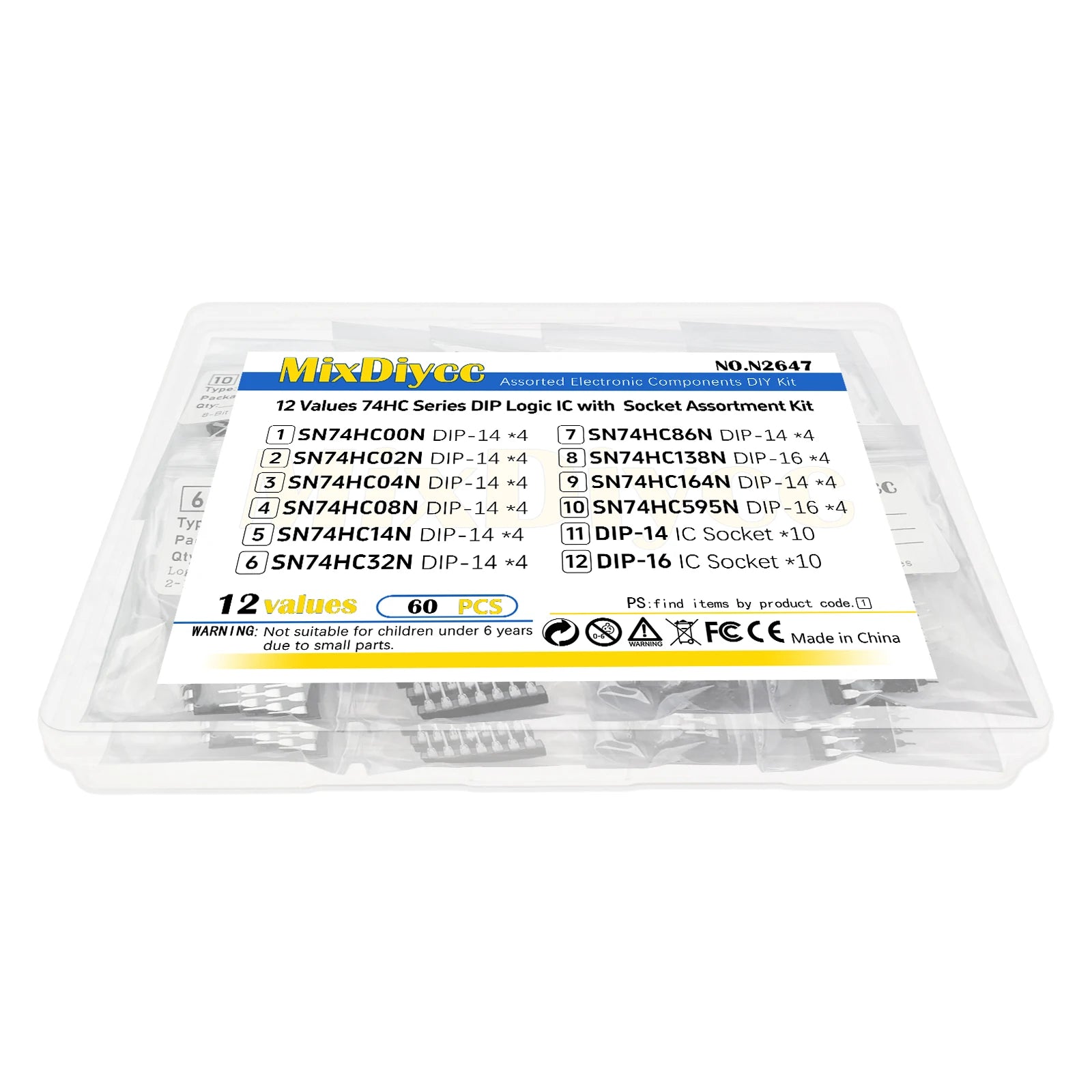 12 Values DIP kit SN74HC00N SN74HC04N SN74HC08N SN74HC14N SN74HC32N SN74HC86N SN74HC138N SN74HC164N SN74HC595N IC Socket 60 Pcs