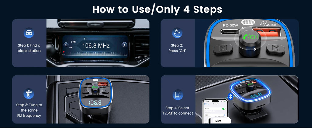 LENCENT Bluetooth 5.4 FM Transmitter with PD 30W &QC 18W Fast Charging Hands-Free Calling Wireless Radio Music Car Adapter