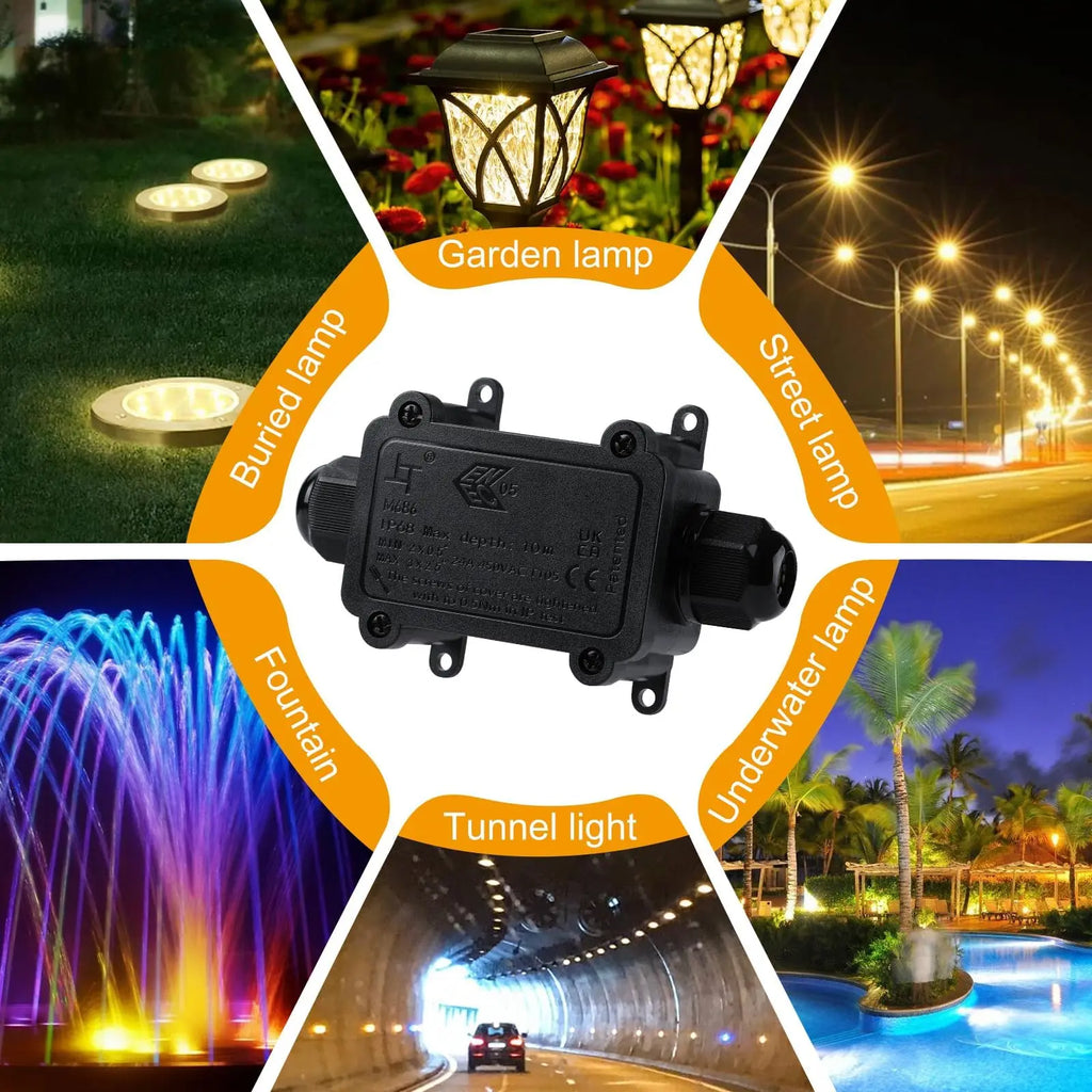 IP68 Waterproof Junction Box 2Way 1IN1OUT M20 Cable Glands Ø4-8mm 6-11mm Wire Range Outdoor LED Underground Lighting Connector