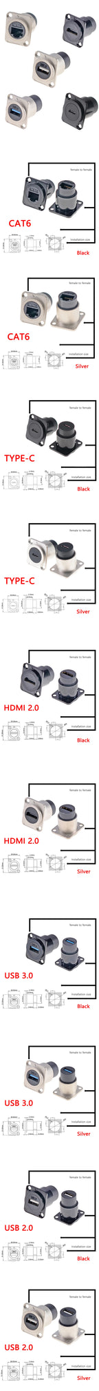 1pc Metal D Type Module RJ45 CAT6&USB 2.0/3.0&Type C&HDMI-Jack Socket Through Network Panel Mounting Electronic Connector