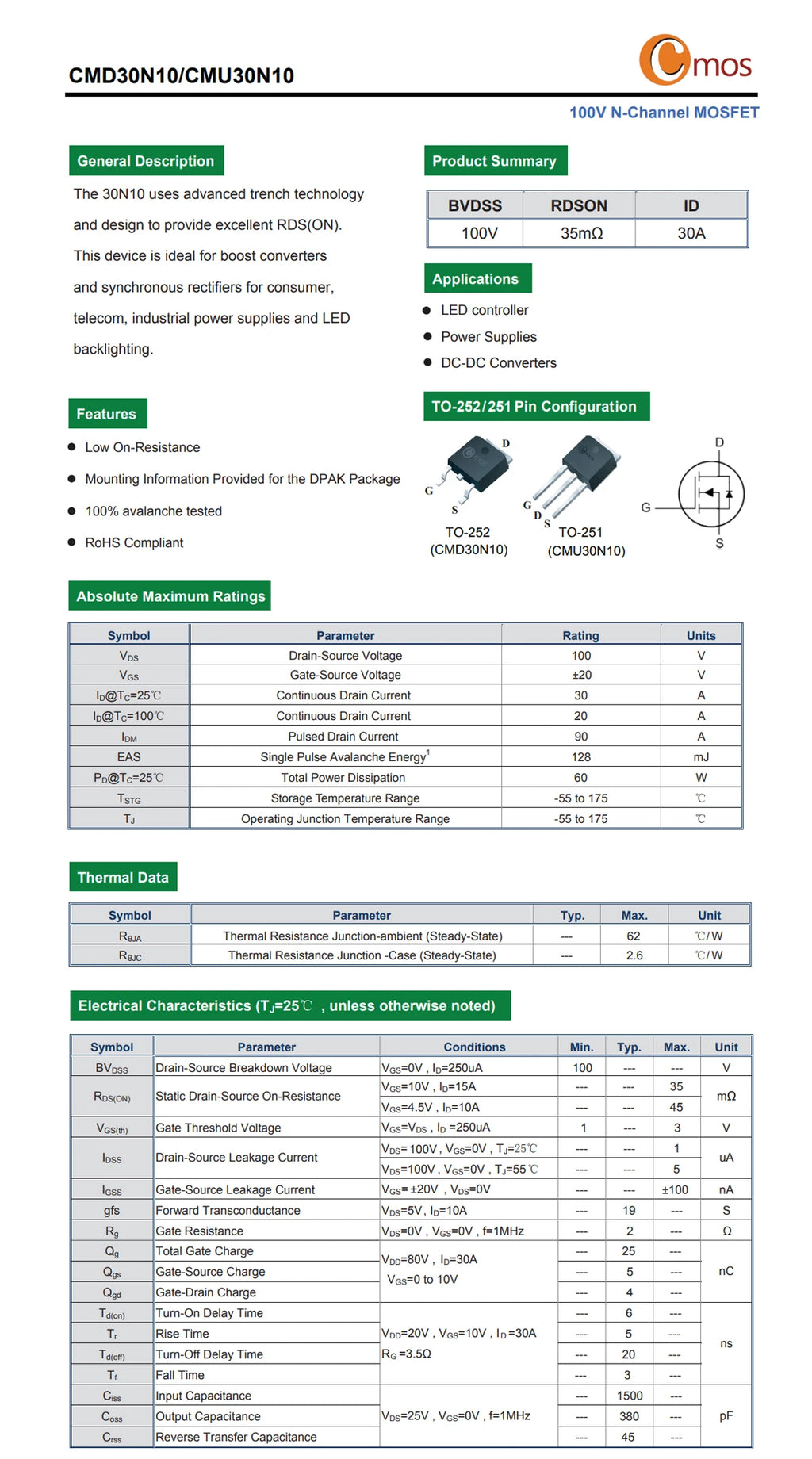 Original CMOS MOSFET CMD1402, CMD3080M, CMD3090L N-Channel TO-252