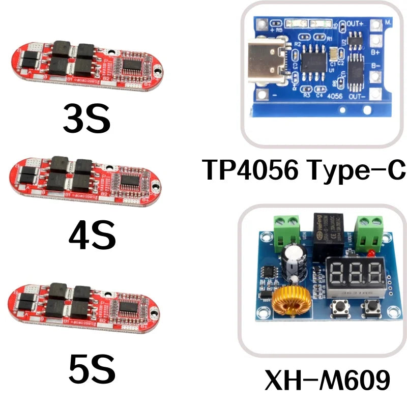 3S 4S 5S BMS Li-ion Protection Board, 25A Common Port, XH-M609 Low Voltage Cutoff, TP4056 Type-C Charger, Individual Sale