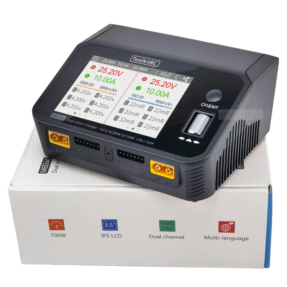 ToolkitRC M6DAC Dual Channel Smart Lipo Battery Charger Discharger AC 200W DC 350WX2 15A for 1-6S LiHV PD 65W