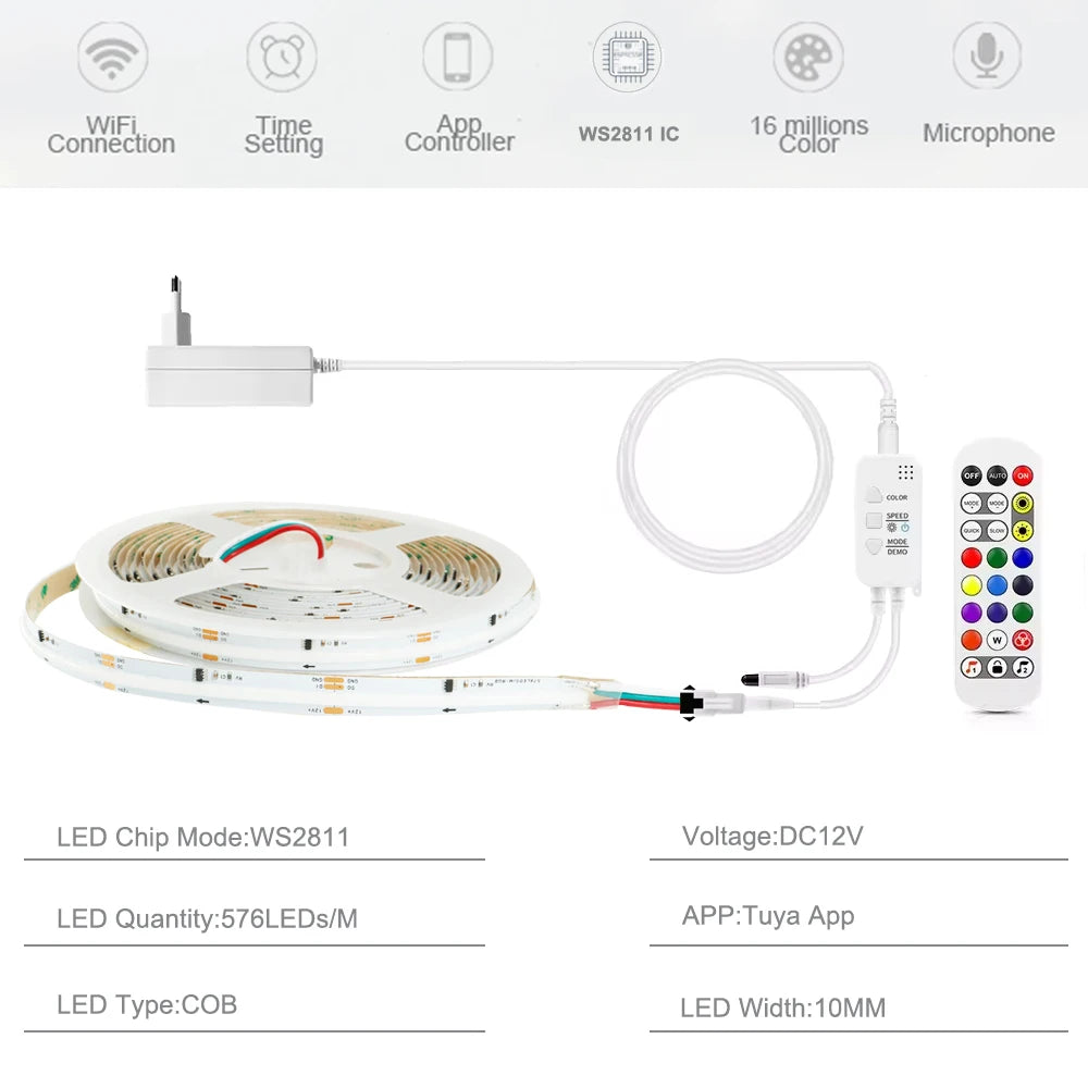 WS2811 RGBIC COB LED Strip Lights Dream Color Addressable Smart LED Tape Flexible Tuya WIFI APP Control DC12V for Alexa Google