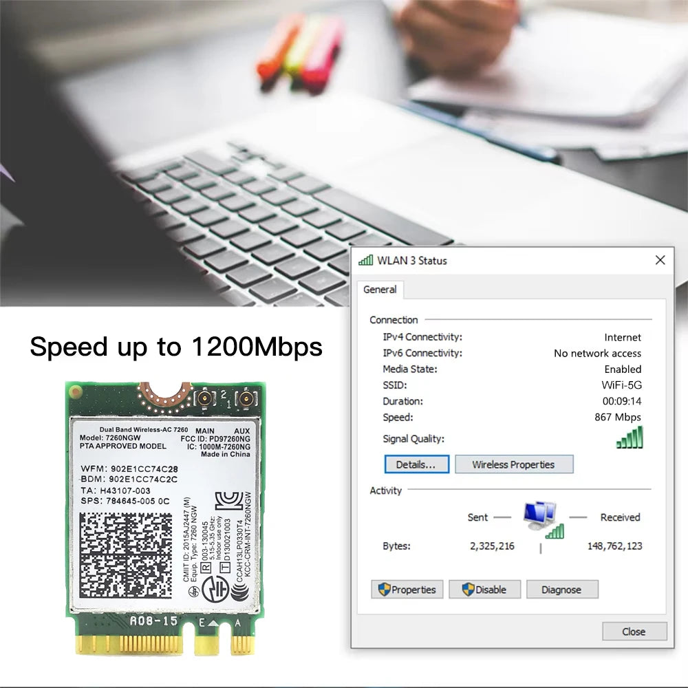 7260AC Bluetooth4.0 WiFi 1200Mbps Wireless Network Card NGFF M.2 Wifi Dongle 802.11AC Dual Band 2.4G 5G For Laptop AC 7260NGW