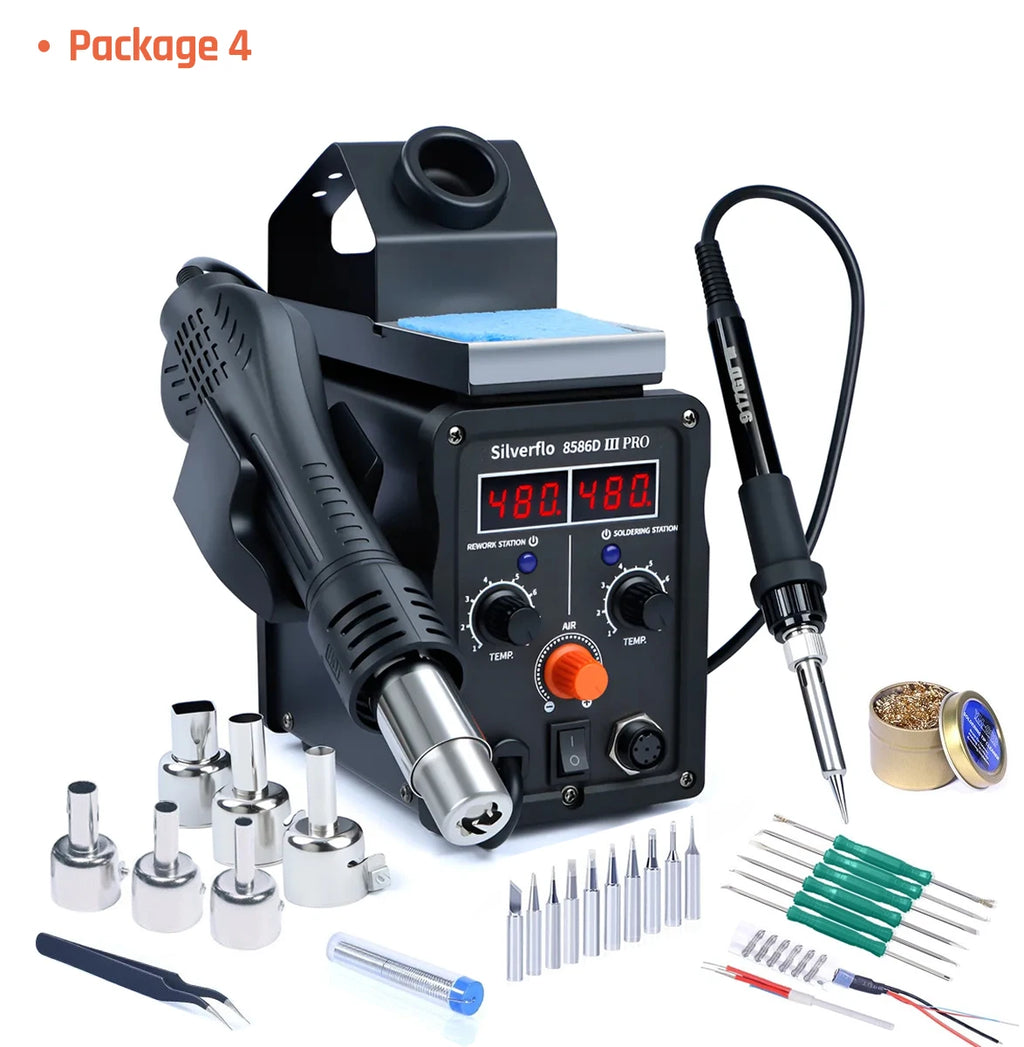 Silverflo 780W 8586D-III PRO Soldering Station 2 IN 1 Hot Air Rework Station Fsat Heating Soldering Iron with Sleep Mode