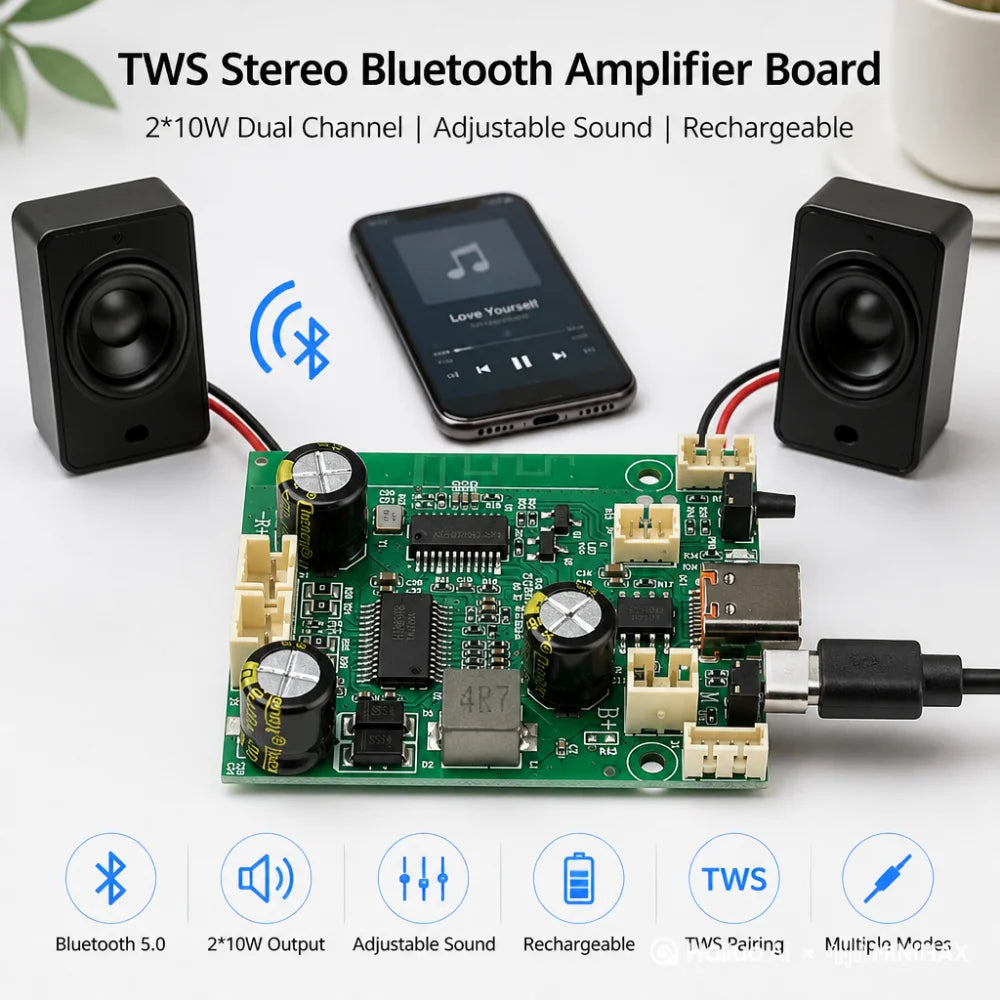 DC 3.7-5V TWS Stereo Bluetooth Power Amplifier Board Dual Channel High Sound Quality 2x10W Output Sound Module Supports Charging