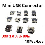 10Pieces 9Types Mini USB Connector B Type USB 2.0 Jack 5pin SMT DIP PCB Board Sink 1.7 USB Socket Female Jack 2.0