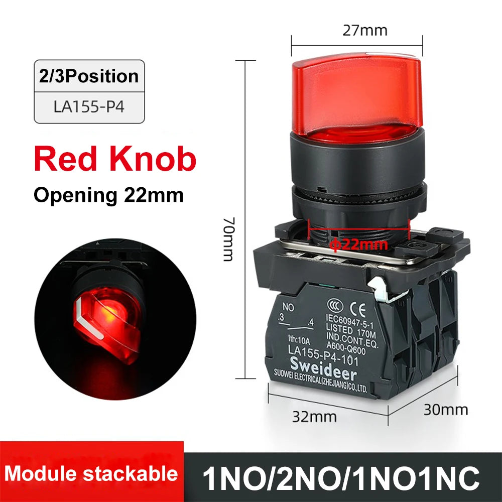 XB4 Knob Switch with LED 22mm 2/3Position Self Locking 1NO/2NO/1NO1NC Select Rotary Switch with Light 12V 24V 220V 10A Red Green
