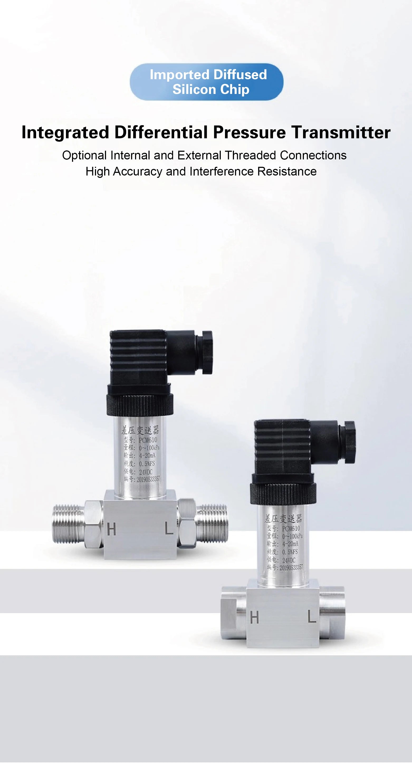 HTP‑610 Compact Differential Pressure Transmitter Diffused Silicon Sensor RS485/Analog Output ‑10kPa‑100MPa G1/4 G1/2