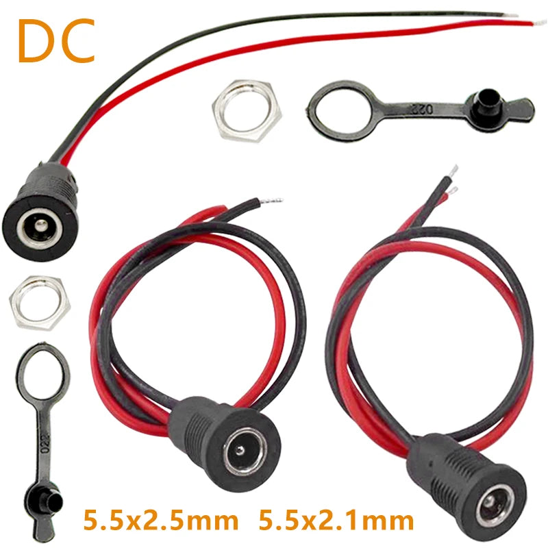 DC-022D 10A DC Female Jack Power Socket 5.5 X 2.1 / 5.5 X 2.5 mm Panel Mount Connector with 15cm Wire and Waterproof Cap