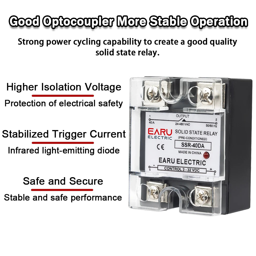EARU Single Phase Solid State Relay Module SSR-25DA SSR-40DA SSR-40AA SSR-40DD SSR 10A/25A/40A/60A/80A/100A/120A/150A DD DA AA