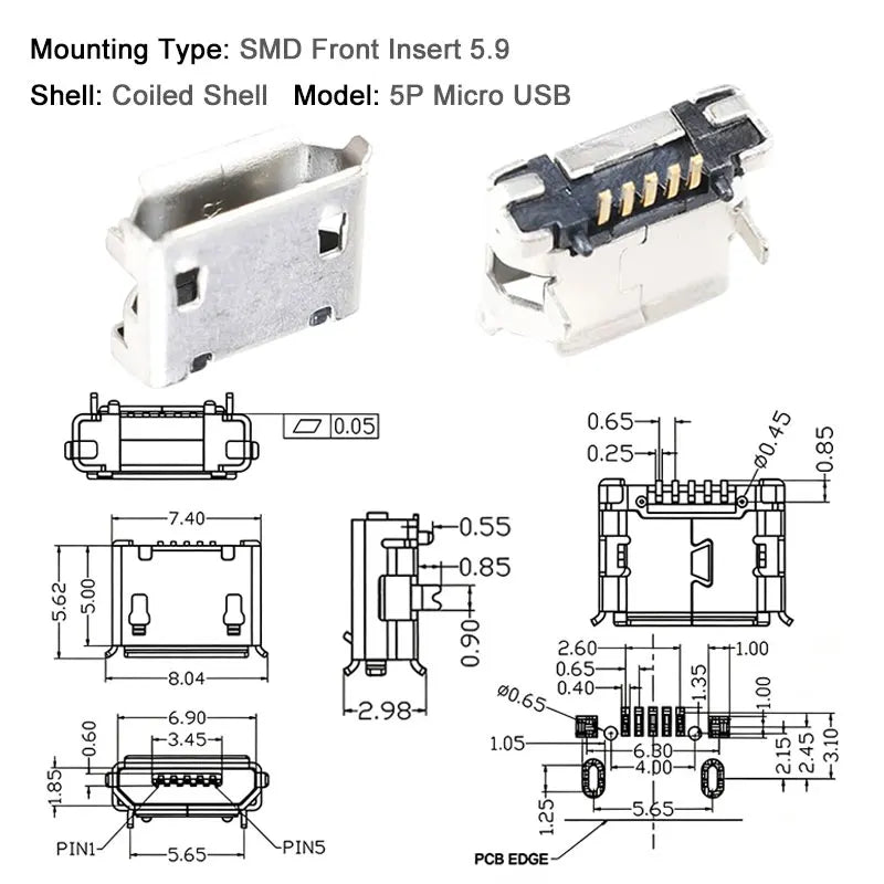 100/1000PCS Micro USB Android Female Charging Socket, Flat Edge Crimped Type, 5Pin, 4 Mounting Pins, SMD & DIP Tail Connector