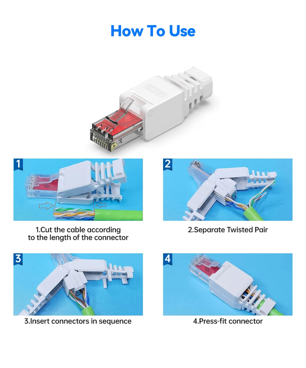Denswire Tool-Free RJ45 Connectors | UTP Cat5e Cat6 Cat7 Ethernet Plugs for Solid & Stranded Cable