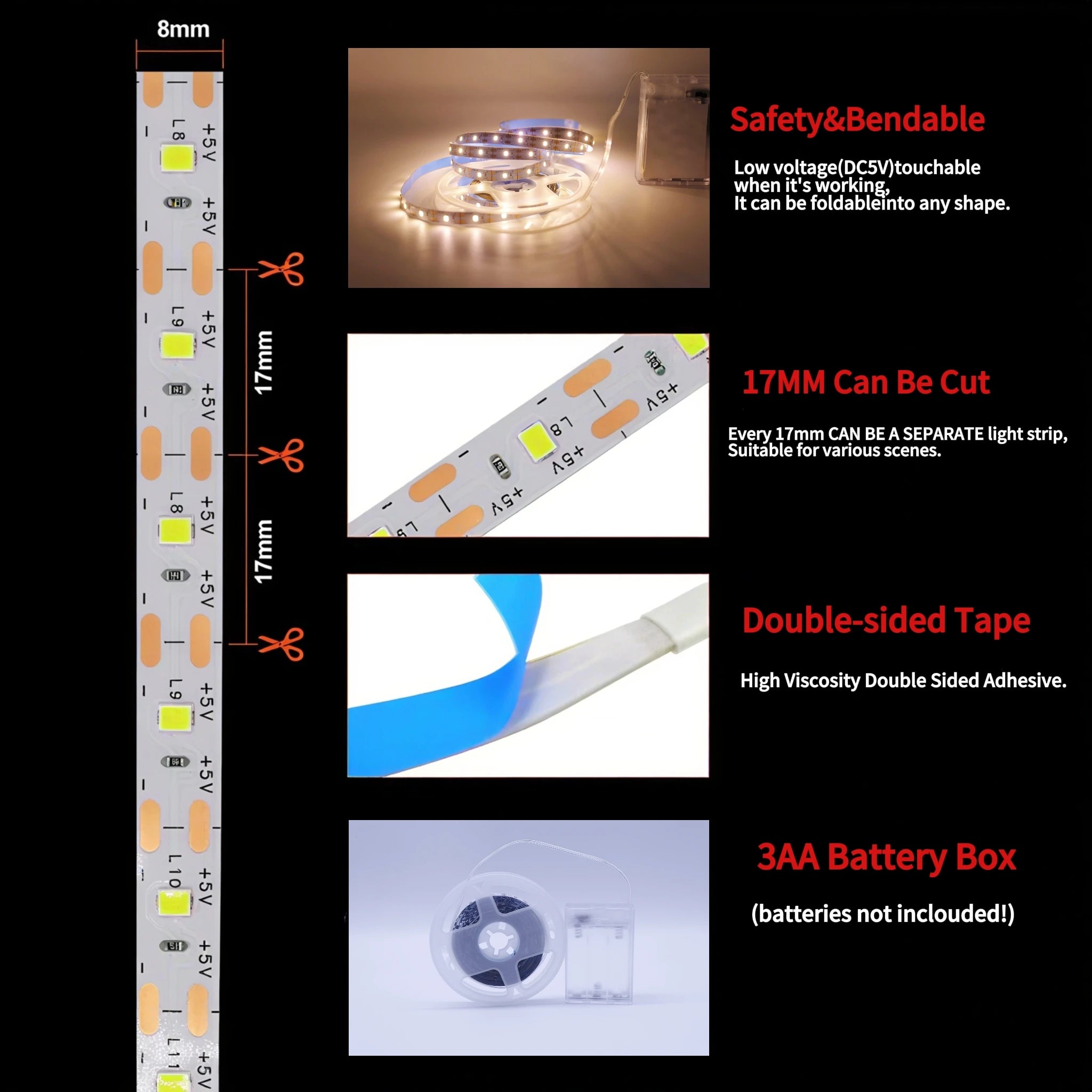 3AA Battery Power Led Strip Light 2835 1M 2M 3M 4M 5M Night Lamp Flexible Ribbon Tape White/Warm White/Blue Room TV Backlight