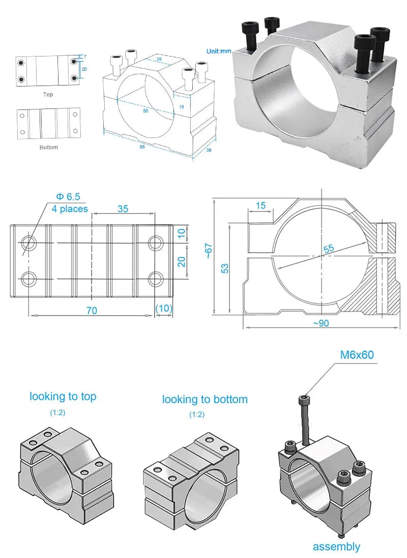 48V 500W ER11 Brushless Spindle+57MM Clamp with Screws+ 48V Brushless Motor Driver+ER11-10mm Built in HALL Sensor