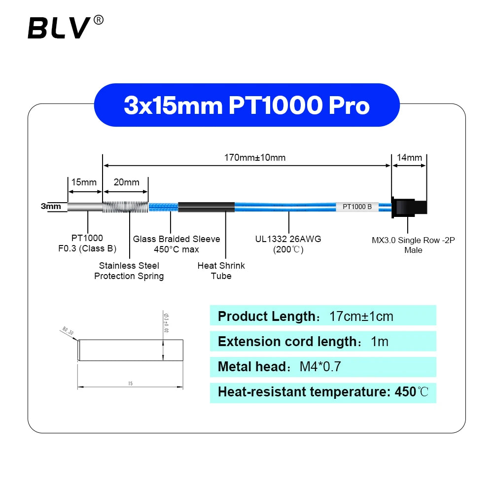 BLV® PT1000 Thermistor M3 M4 Bear 3x15mm PT1000 Pro High Temperature Resistance 450℃ For Rapido Hotend Dragon Hotend