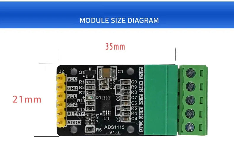 ADS1115 4-Channel 16-Bit High Precision ADC Converter Module, Programmable Gain Amplifier, I2C Interface, for Data Acquisition