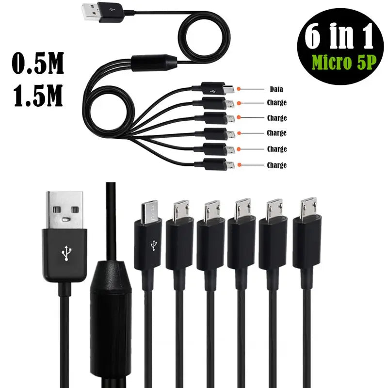6-in-1 USB 2.0 A male to 6 * Micro USB 5-Pin Male Splitter Y-Shaped Data Charging Connector Adapter Cable 1/6 USB Charging Cable
