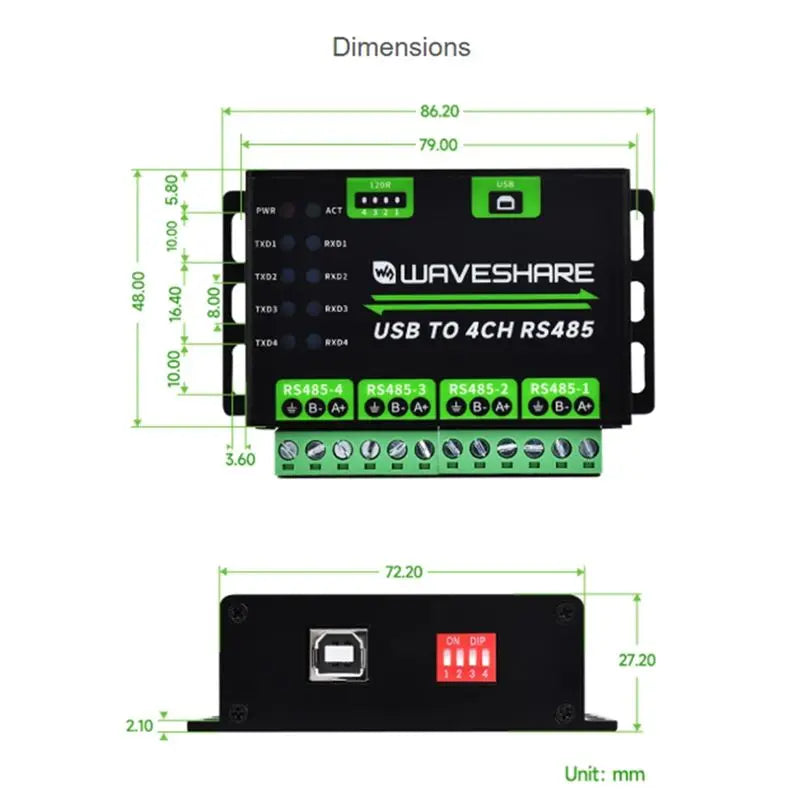 Waveshare USB To 4Ch RS485 Converter Multi Protection Circuits Industrial Grade Universal Serial Communication Device