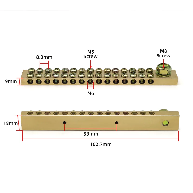Terminal Block 10*18mm 8/10/12/16/20/24/30/40/50 Way One In Multiple Out High Current Double Neutral Ground Connector Brass Bar