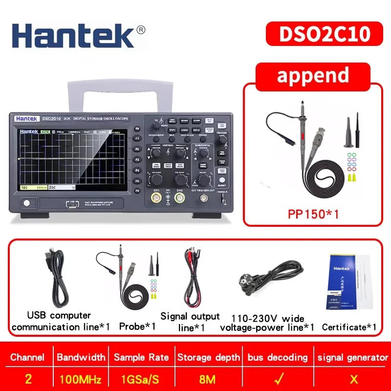Hantek DSO2C10 DSO2C15 DSO2D10 DSO2D15 2CH Oscilloscope 100/150MHz 1GSa/s 8Mpts FFT UART I2C SPI CAN LIN 25MHz AWG D Models