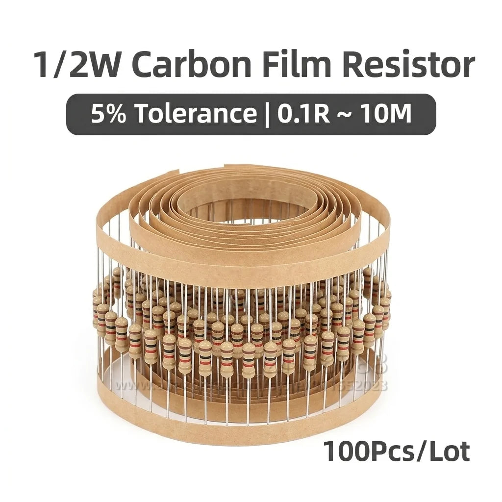 100pcs/lot 0.5 1/2W Carbon Film Resistor 5% 1R-22M  10R 22R 47R 100R 150R 470R 1K  3.3K  10K 22K 220K 470K 0.1 0.22 470 ohm 0.5W