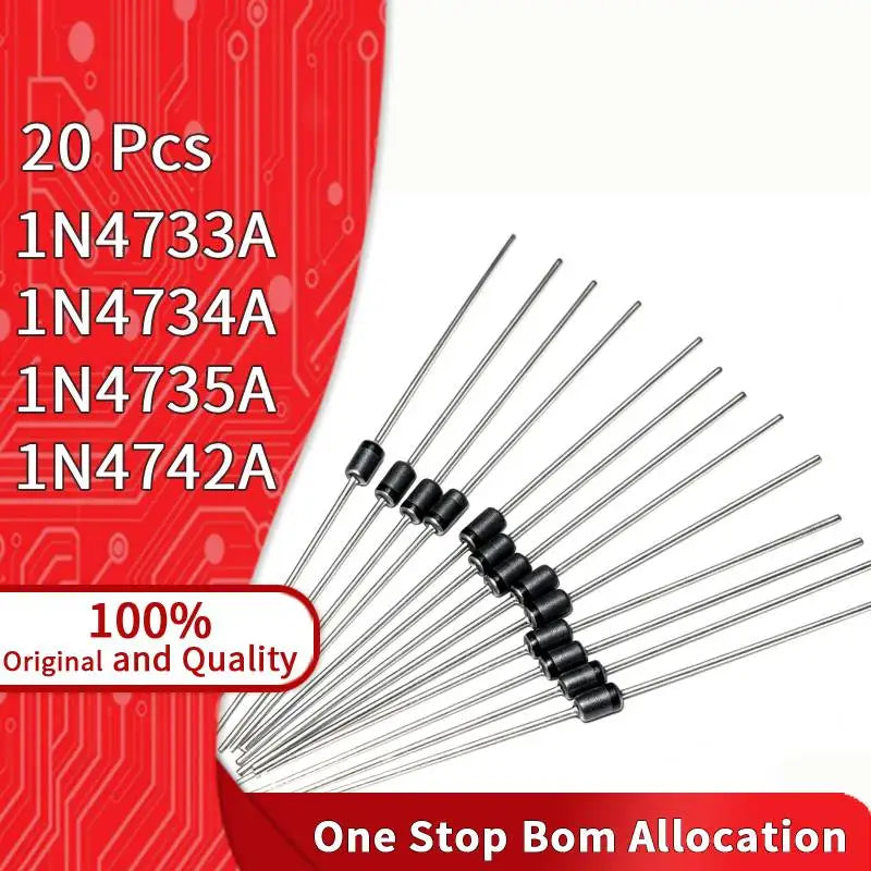 20 Pcs 1N4733A 1N4734A 1N4735A 1N4742A Zener Diode 1W DO-41 Voltage Regulator 5.1V 5.6V 6.2V 12V For Voltage Reference Diode