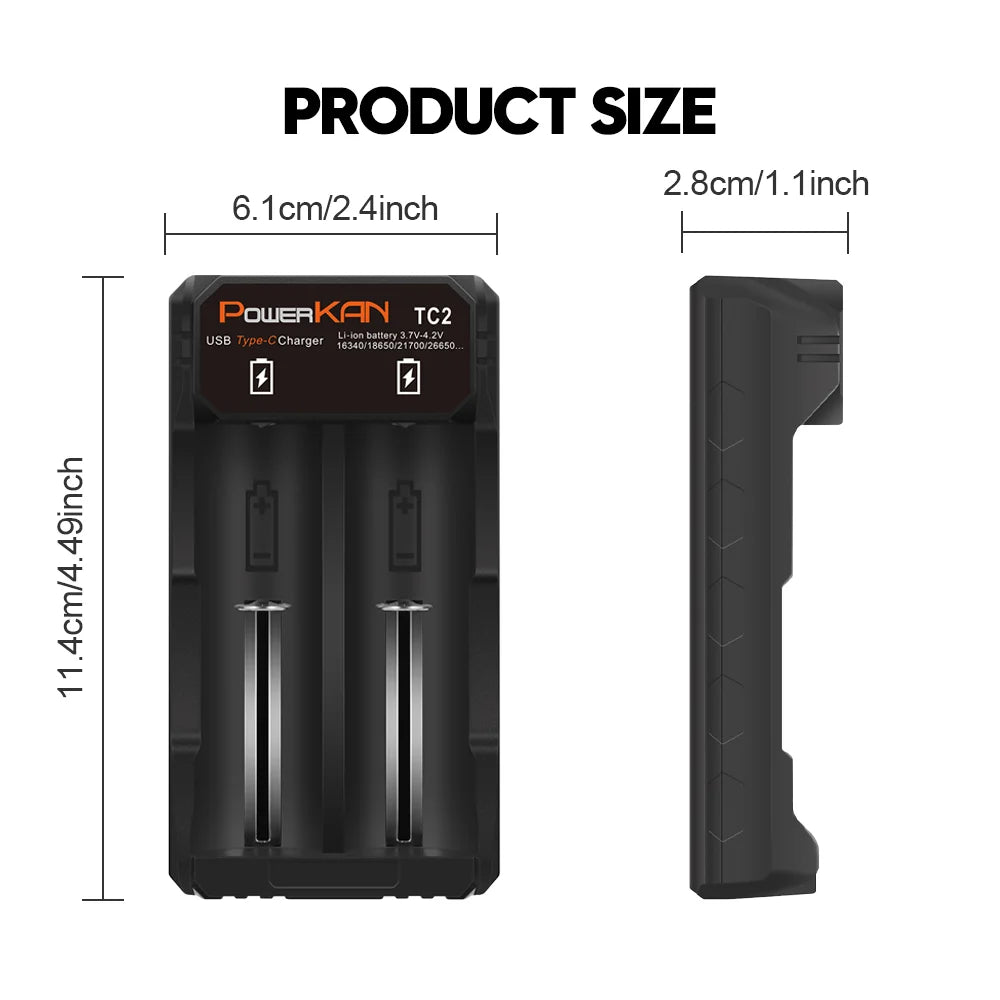 POWERKAN Battery Charger, Type-C USB Input, for 3.7V Li-ion Batteries Compatible with 2665016340 14500 21700 18650 Charging