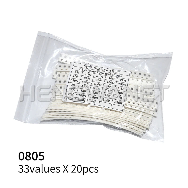 660pcs=33valuesX 20pcs 1% 100% Brand New and High Quality 1206 0603 0402 0805 0201 SMD Resistor Sample Assorted Kit