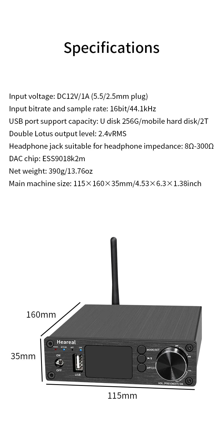 HiFi Bluetooth 5.3 Audio Receiver DAC Preamp with ESS9018K2M, 32bit/192kHz, Optical Coaxial Input, RCA/3.5mm Output