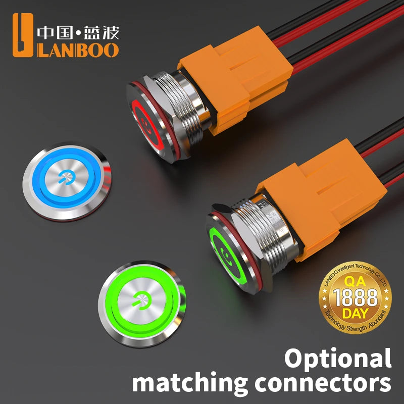 LANBOO 22mm 15A 2NO High Current Push Button Switch with LED 24V 220V Momentary Latching