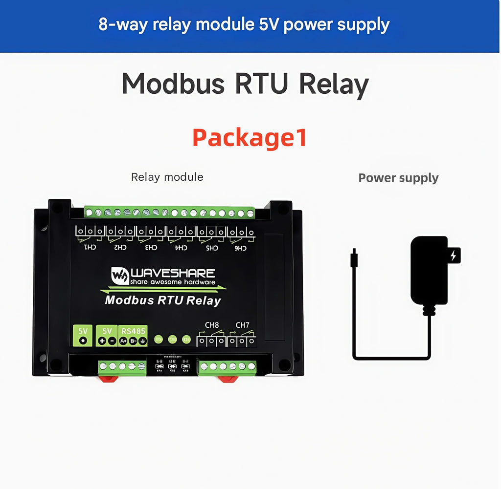 Waveshare Industrial Modbus RTU Relay Module with 8/16/32-channel RS485 interface and isolation