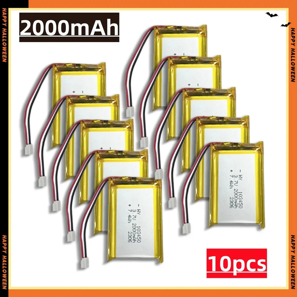 2.0-4.0AH 103450 Polymer Lithium Rechargeable Battery JST PH 2.0mm 2pin Plug for Camera GPS Navigator MP5 Bluetooth Headset